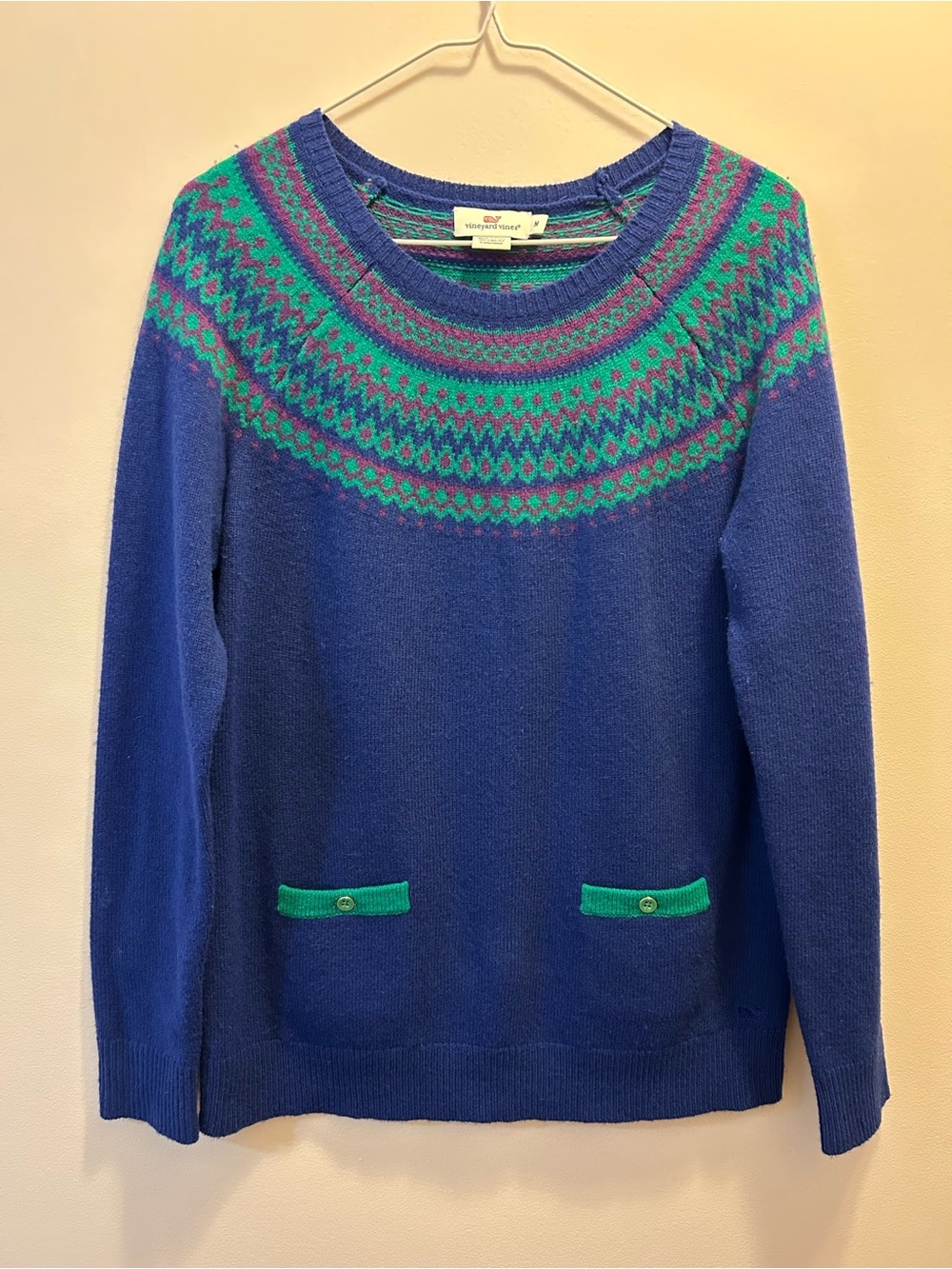Vineyard Vines Blue Fair Isle Yoke Crewneck Sweater with Green Accents
